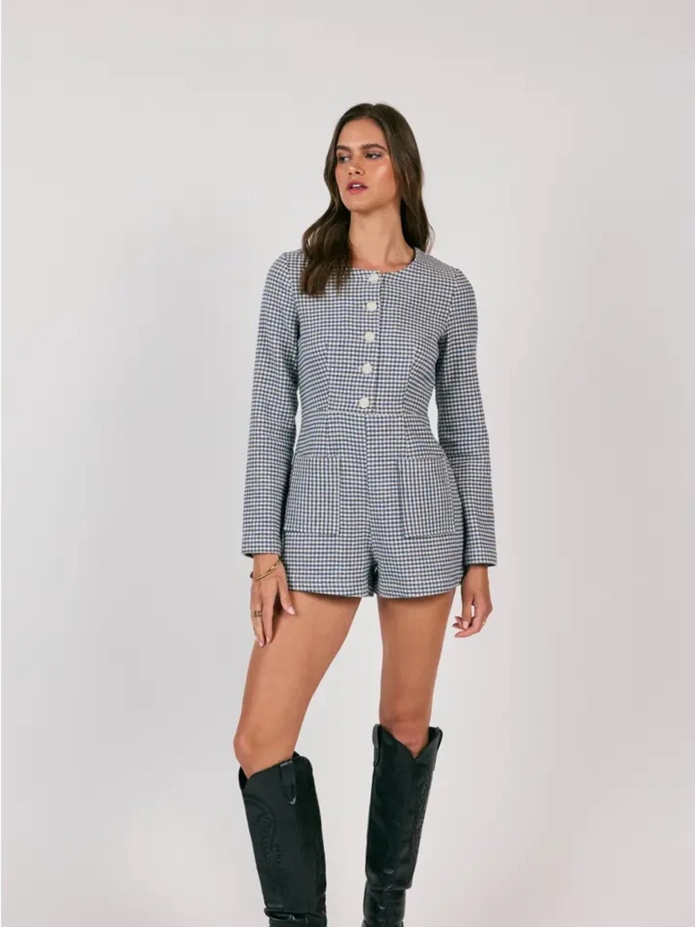 Sage Houndstooth Long-Sleeve Romper in Black & White